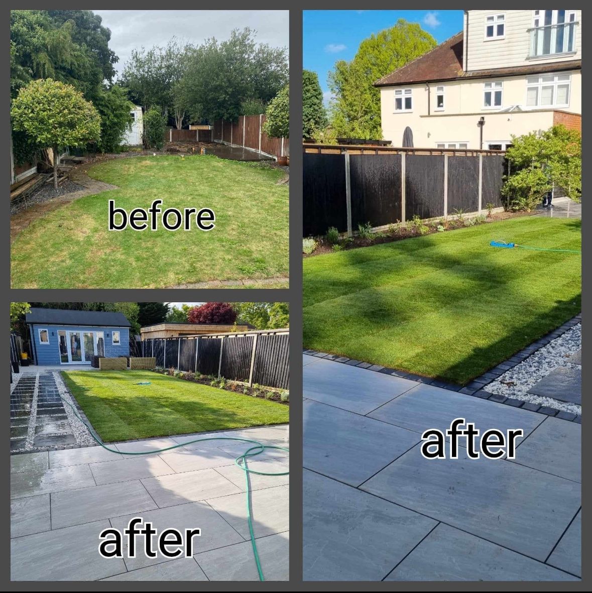 Complete garden transformation - before and after showing patio installation, artificial turf, modern fencing and blue garden office